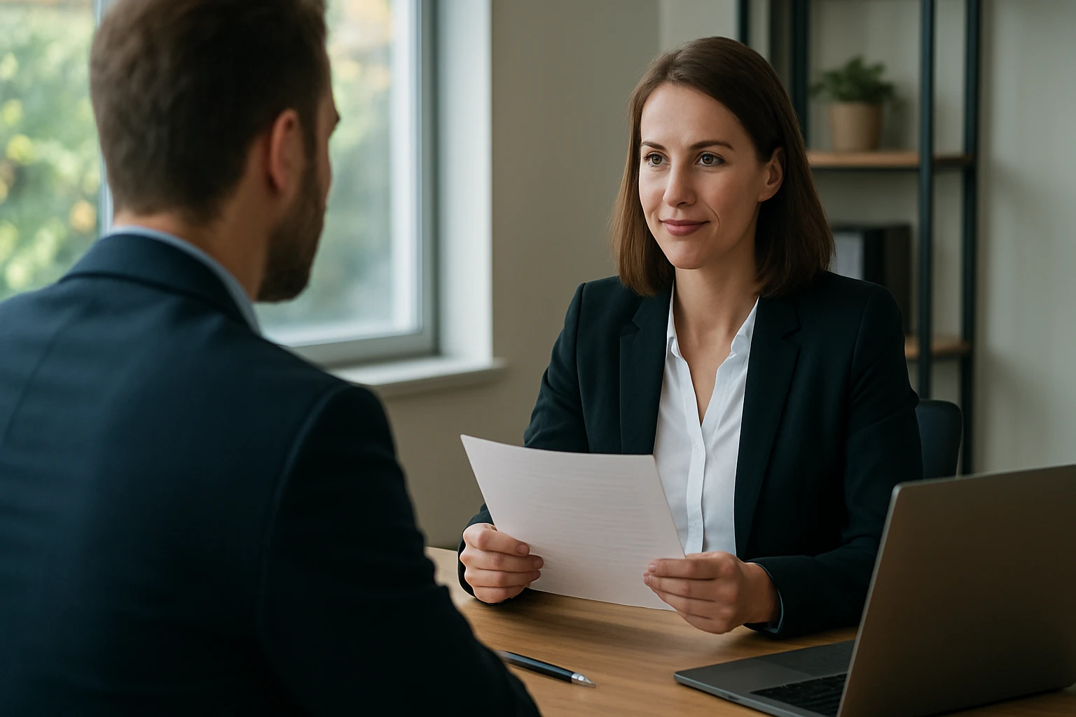 Eine Frau in einem Anzug geht energisch eine Treppe hinauf, während ein Mann am Tisch sitzt.