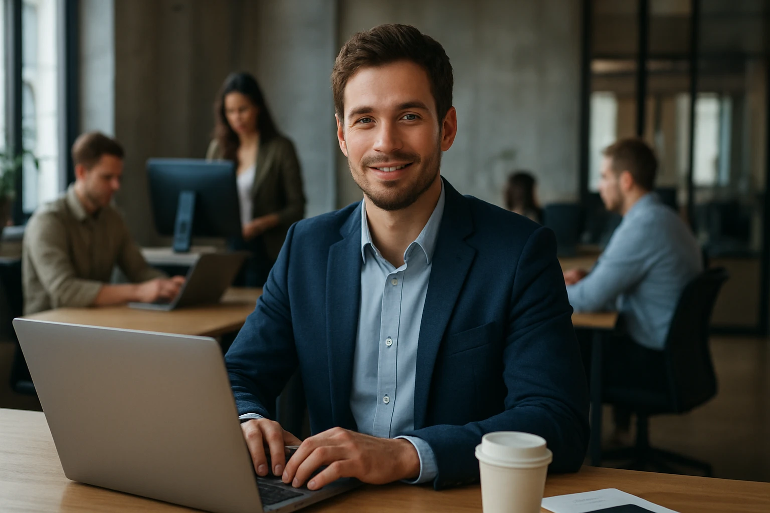 Eine Frau in einem Anzug geht energisch eine Treppe hinauf, während ein Mann am Tisch sitzt.