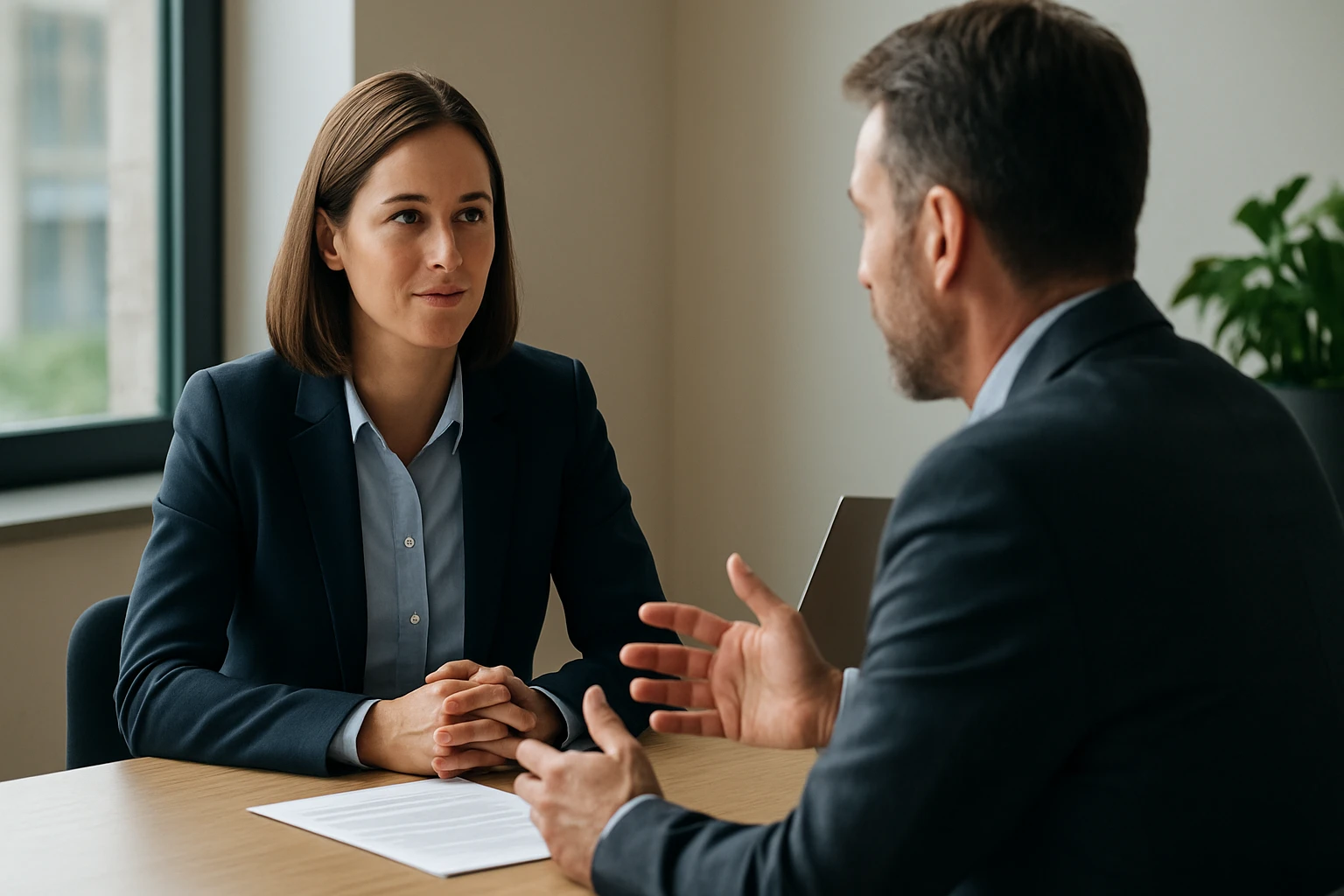 Eine Frau in einem Anzug geht energisch eine Treppe hinauf, während ein Mann am Tisch sitzt.