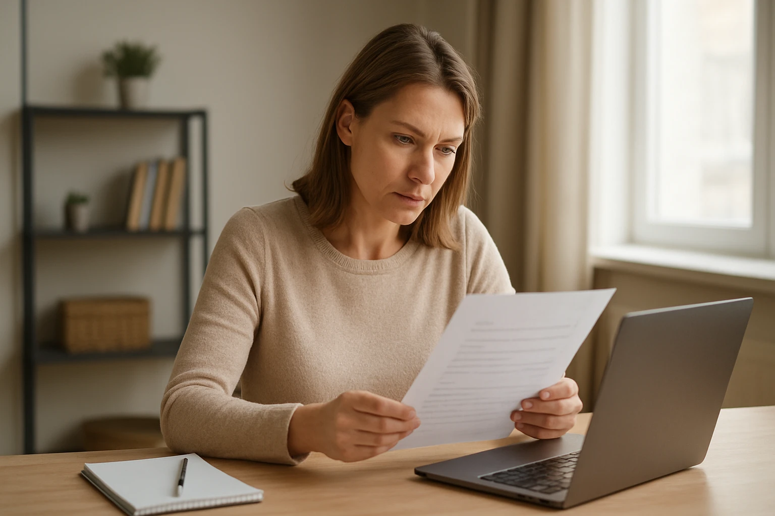 Eine Frau in einem Anzug geht energisch eine Treppe hinauf, während ein Mann am Tisch sitzt.