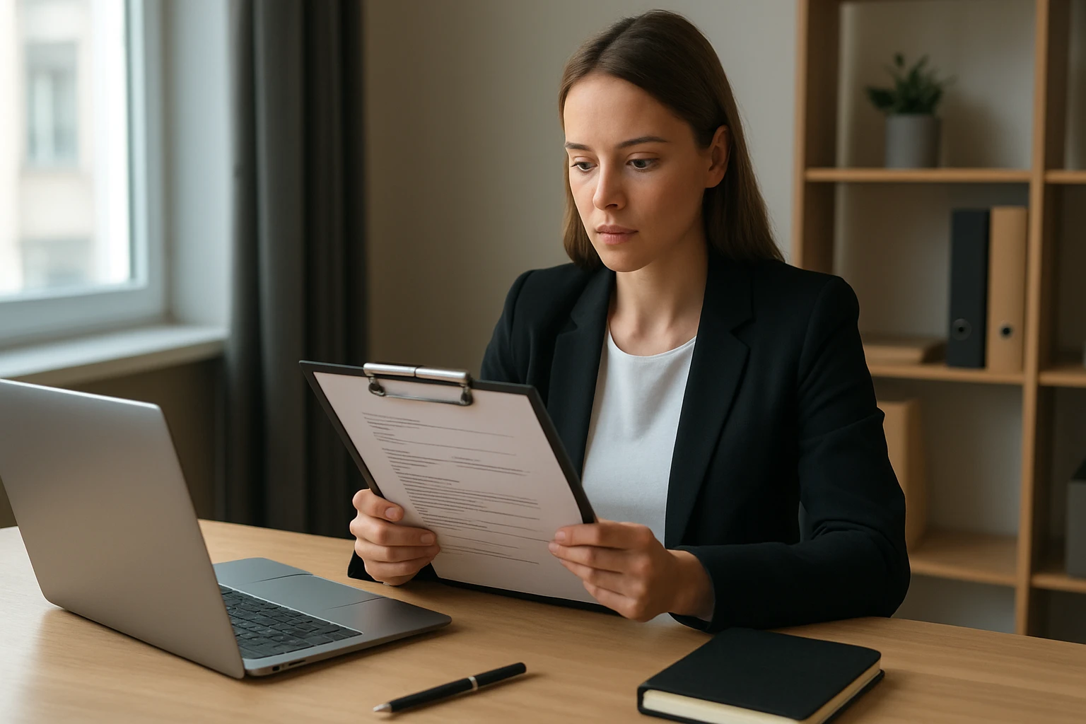 Eine Frau in einem Anzug geht energisch eine Treppe hinauf, während ein Mann am Tisch sitzt.