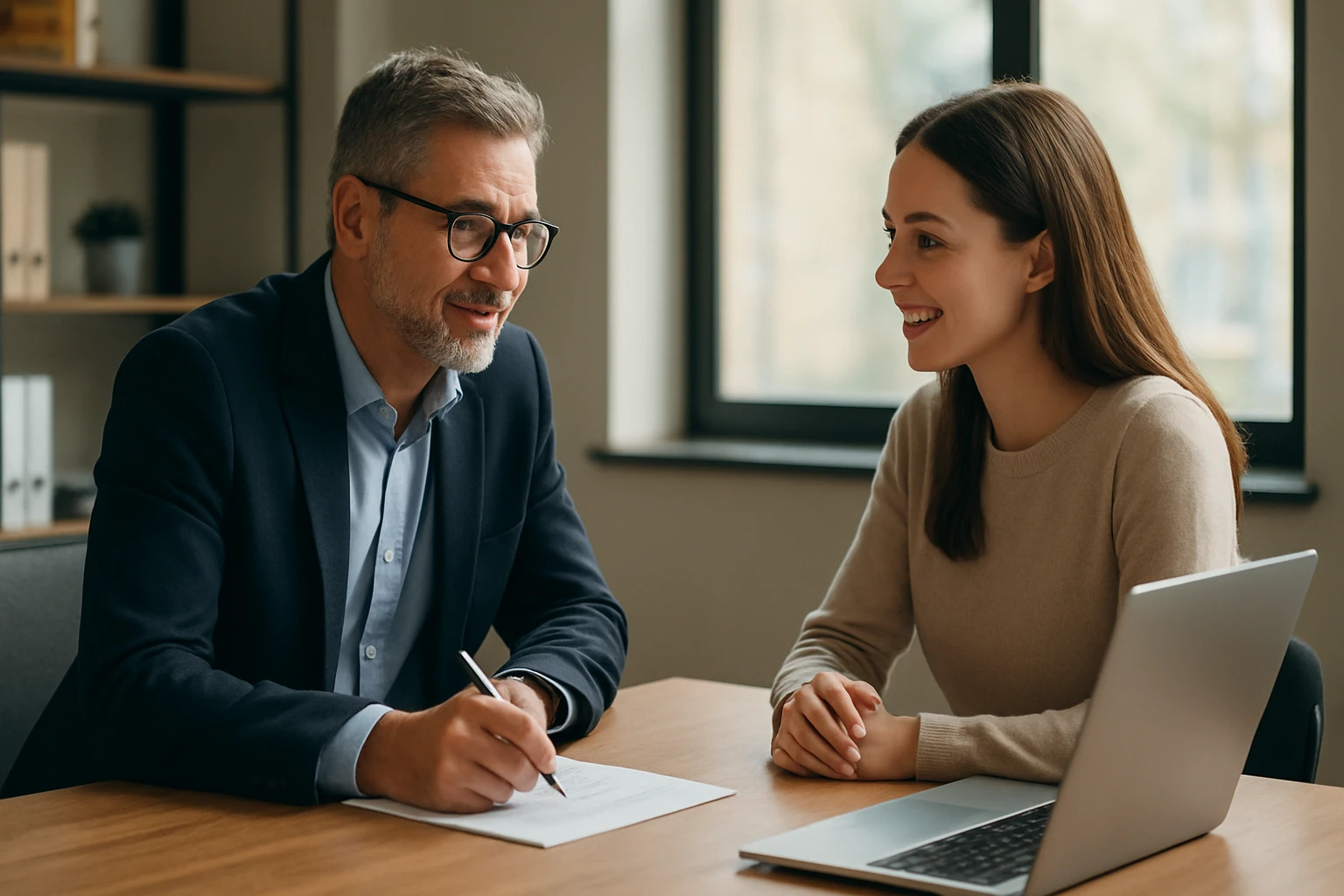 Eine Frau in einem Anzug geht energisch eine Treppe hinauf, während ein Mann am Tisch sitzt.