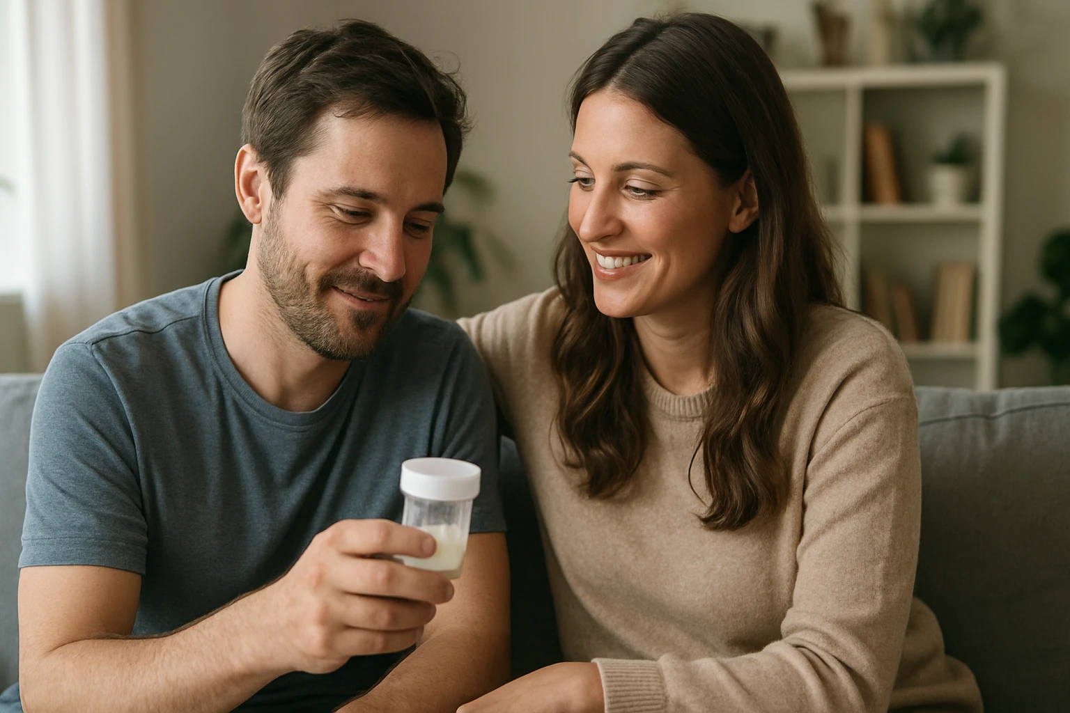 Eine Frau in einem Anzug geht energisch eine Treppe hinauf, während ein Mann am Tisch sitzt.