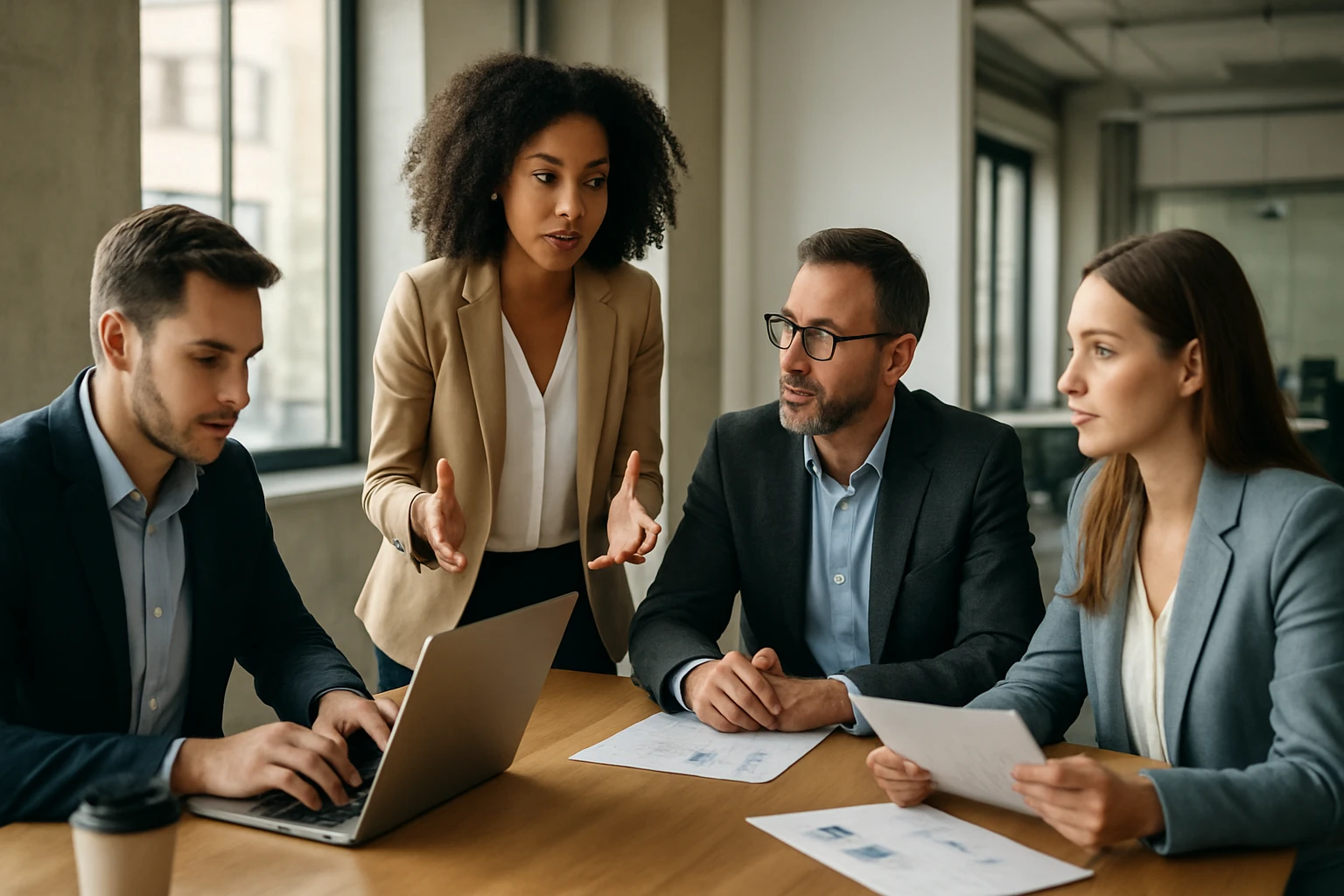Eine Frau in einem Anzug geht energisch eine Treppe hinauf, während ein Mann am Tisch sitzt.