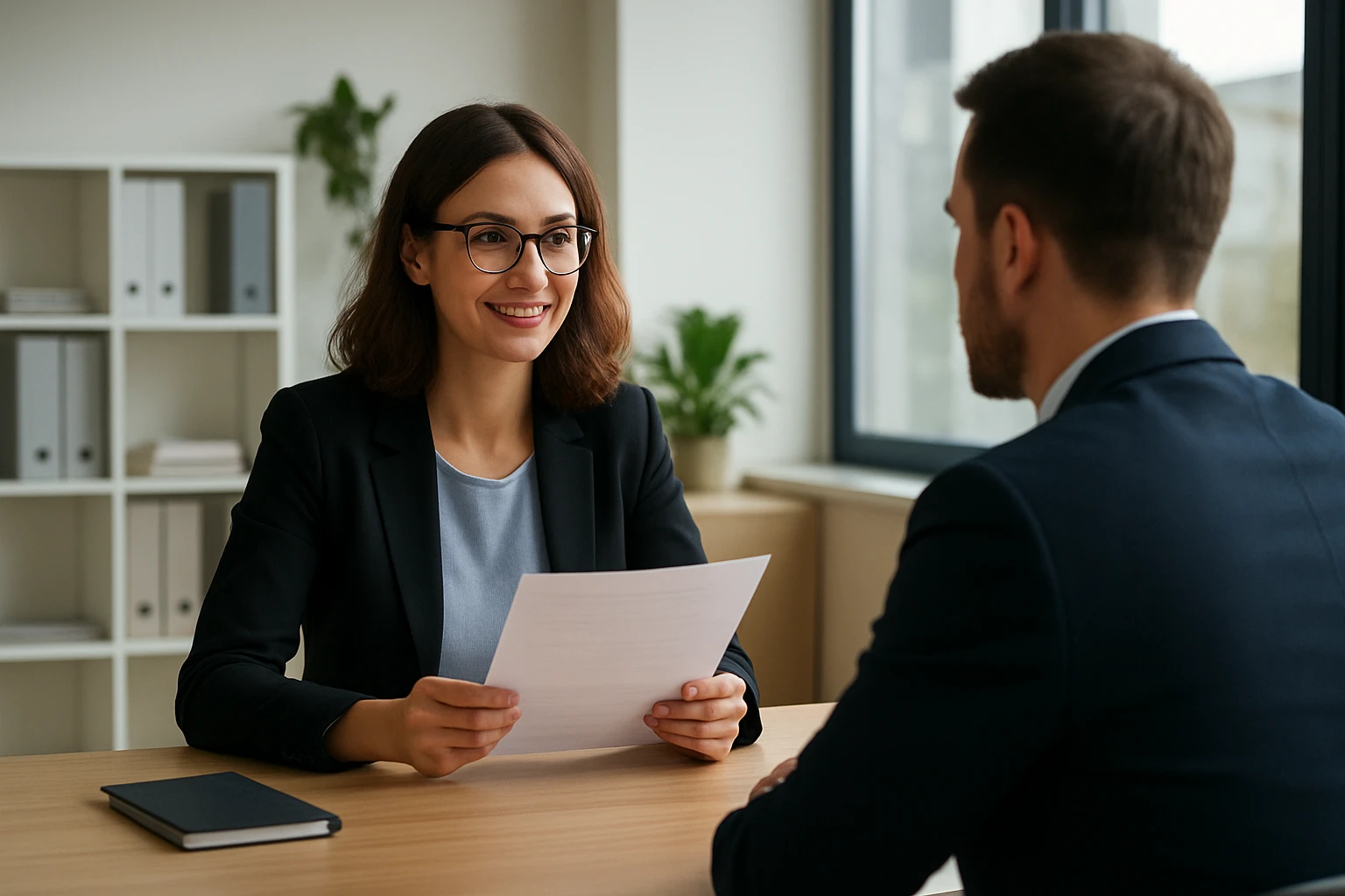 Eine Frau in einem Anzug geht energisch eine Treppe hinauf, während ein Mann am Tisch sitzt.