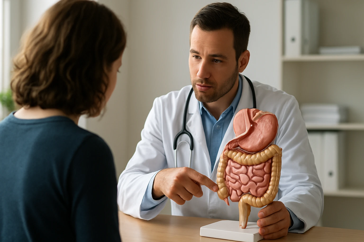 Eine Frau in einem Anzug geht energisch eine Treppe hinauf, während ein Mann am Tisch sitzt.