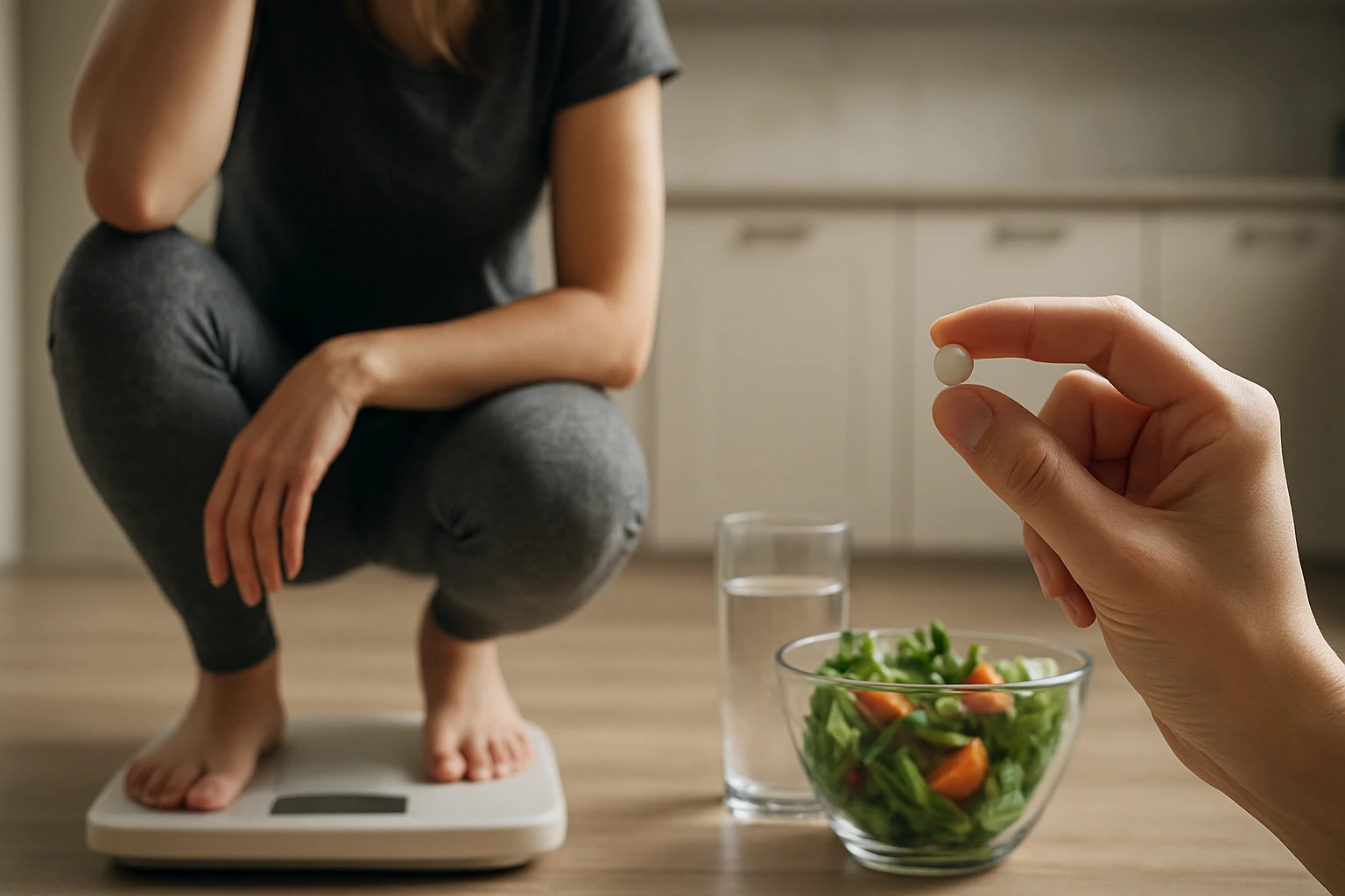 Eine Frau in einem Anzug geht energisch eine Treppe hinauf, während ein Mann am Tisch sitzt.