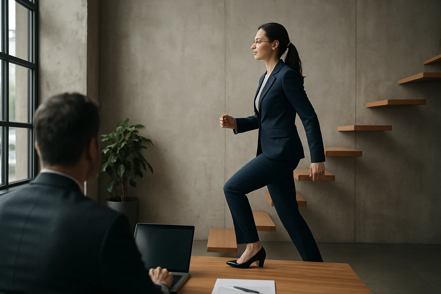 Eine Frau in einem Anzug geht energisch eine Treppe hinauf, während ein Mann am Tisch sitzt.