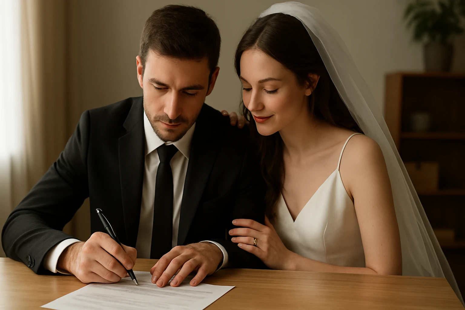 Eine Frau in einem Anzug geht entschlossen eine Treppe hinauf, während ein Mann am Tisch sitzt.