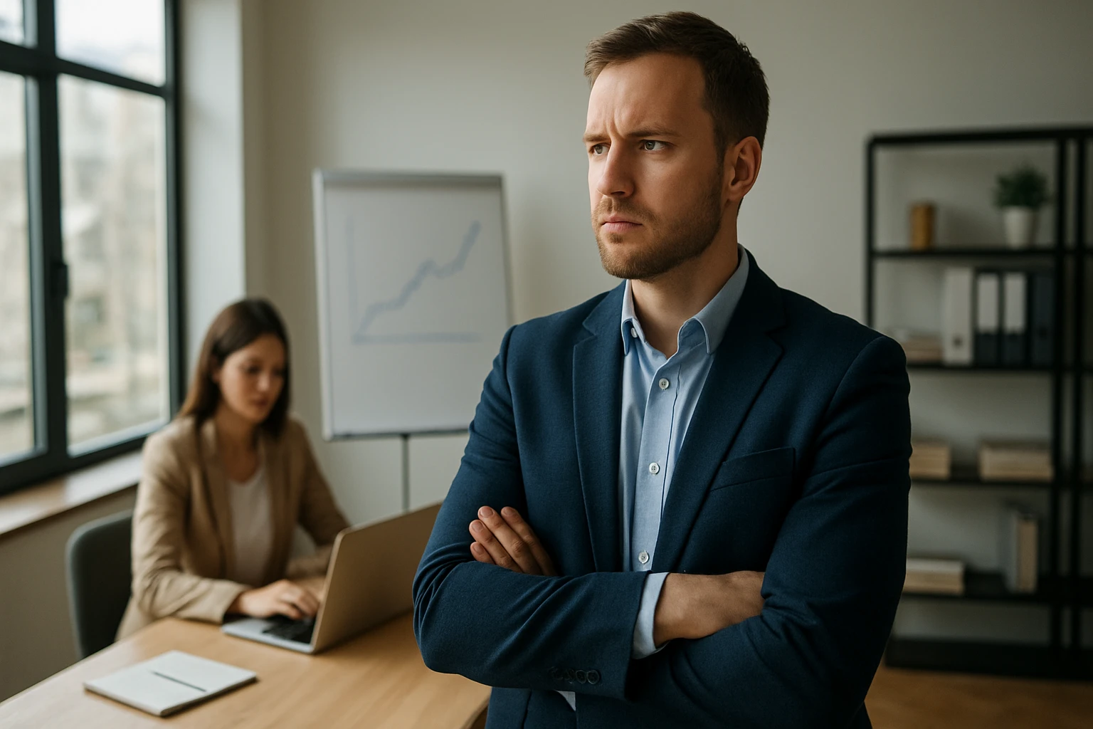 Eine Frau in einem Anzug geht entschlossen eine Treppe hinauf, während ein Mann am Tisch sitzt.