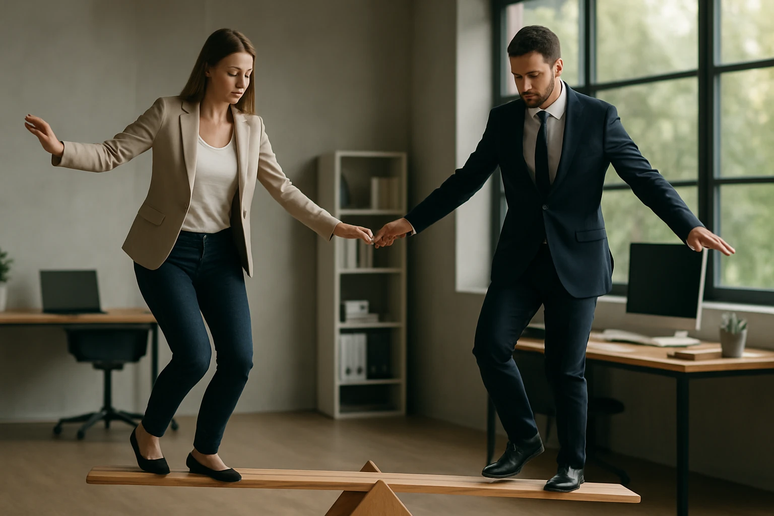Eine Frau in einem Anzug geht entschlossen eine Treppe hinauf, während ein Mann am Tisch sitzt.
