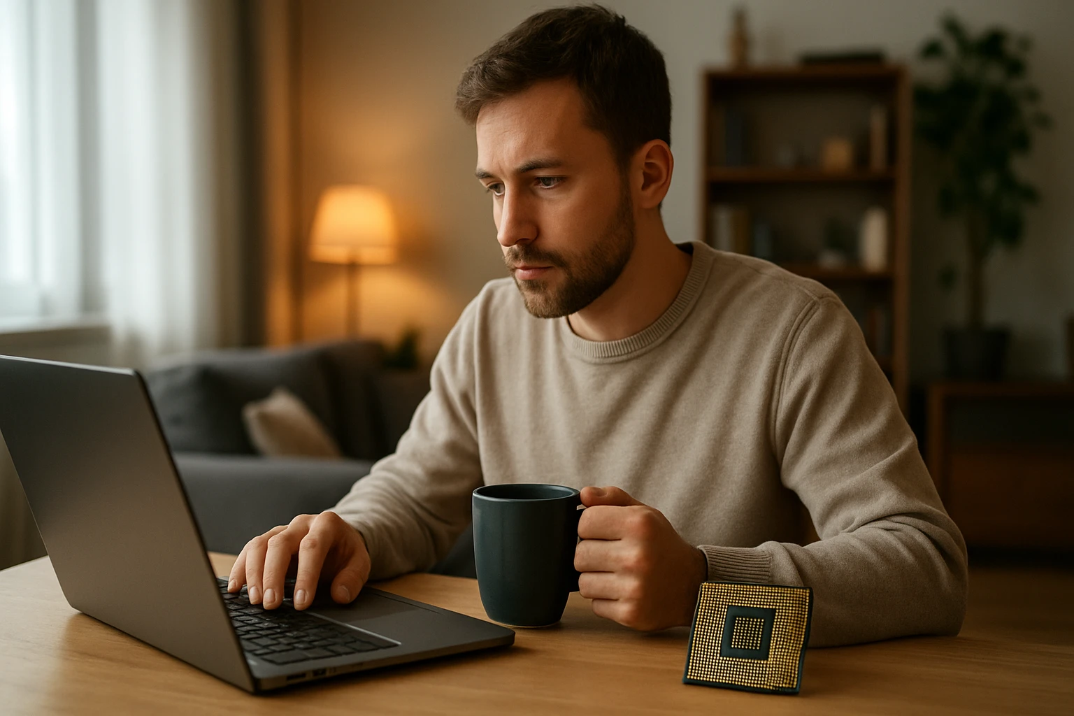 Eine Frau in einem Anzug geht entschlossen eine Treppe hinauf, während ein Mann am Tisch sitzt.