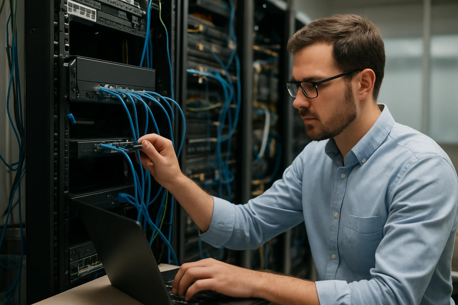 Eine Frau in einem Anzug geht entschlossen eine Treppe hinauf, während ein Mann am Tisch sitzt.