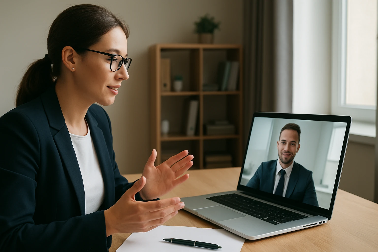 Eine Frau in einem Anzug geht entschlossen eine Treppe hinauf, während ein Mann am Tisch sitzt.