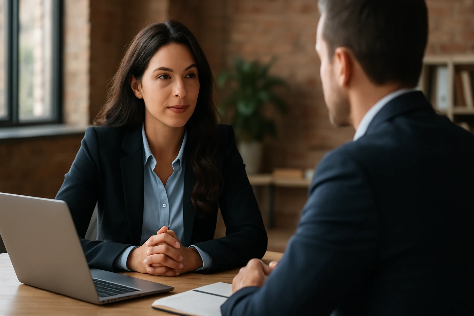 Eine Frau in einem Anzug geht entschlossen eine Treppe hinauf, während ein Mann am Tisch sitzt.