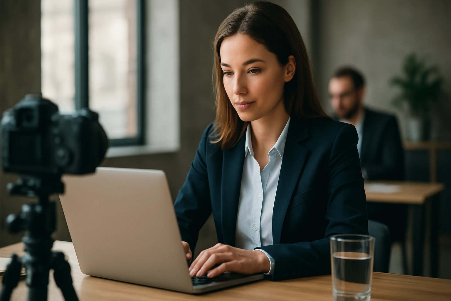 Eine Frau in einem Anzug geht entschlossen eine Treppe hinauf, während ein Mann am Tisch sitzt.