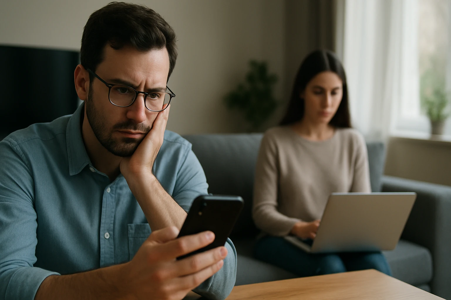 Eine Frau in einem Anzug geht entschlossen eine Treppe hinauf, während ein Mann am Tisch sitzt.