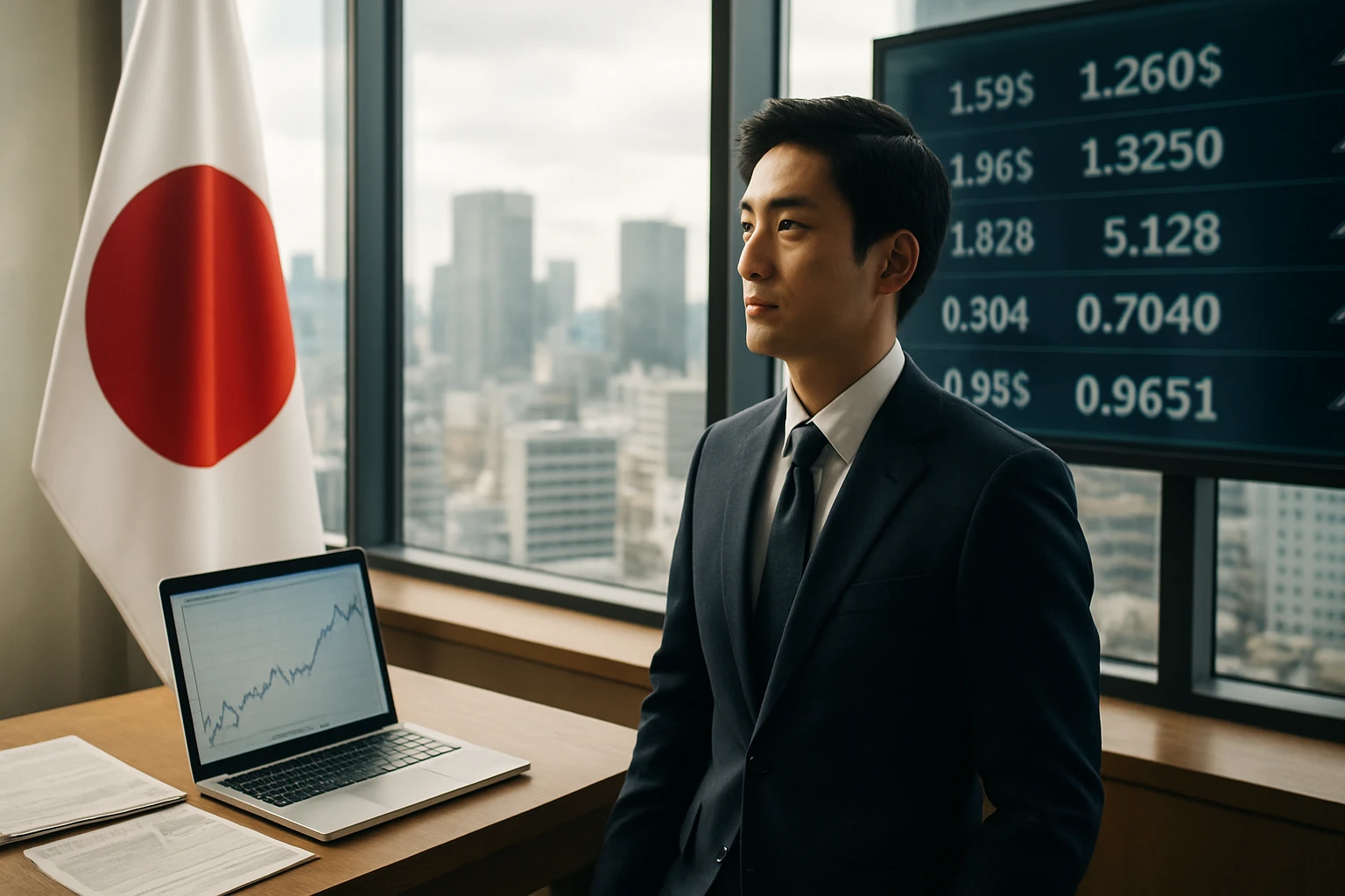Eine Frau in einem Anzug geht entschlossen eine Treppe hinauf, während ein Mann am Tisch sitzt.