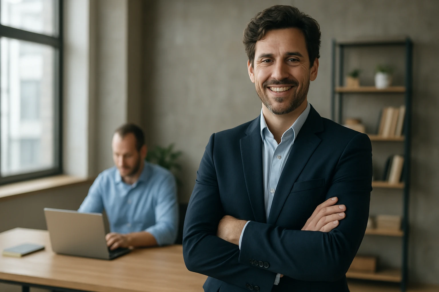 Eine Frau in einem Anzug geht entschlossen eine Treppe hinauf, während ein Mann am Tisch sitzt.