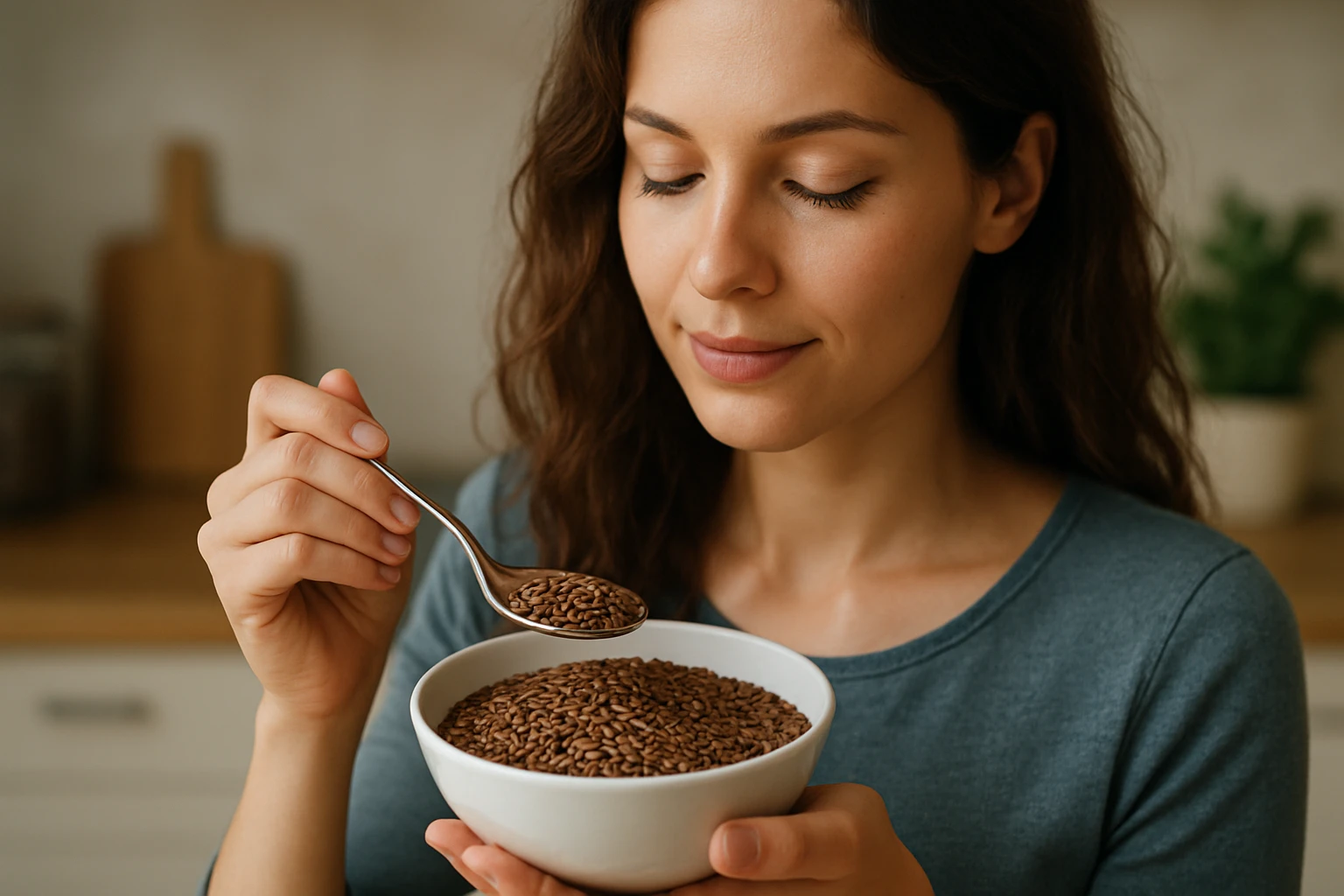 Eine Frau in einem Anzug geht entschlossen eine Treppe hinauf, während ein Mann am Tisch sitzt.