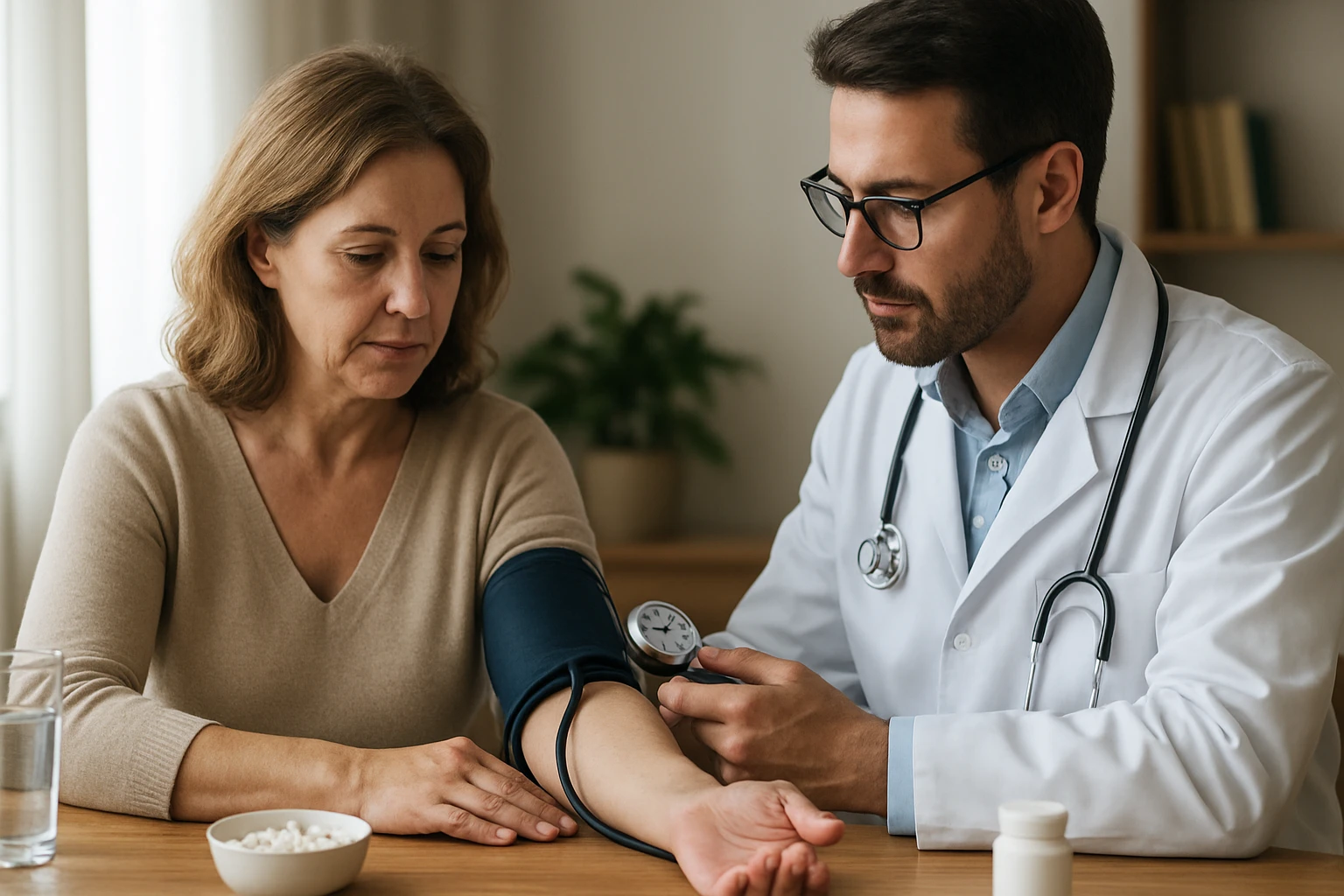 Eine Frau in einem Anzug geht entschlossen eine Treppe hinauf, während ein Mann am Tisch sitzt.