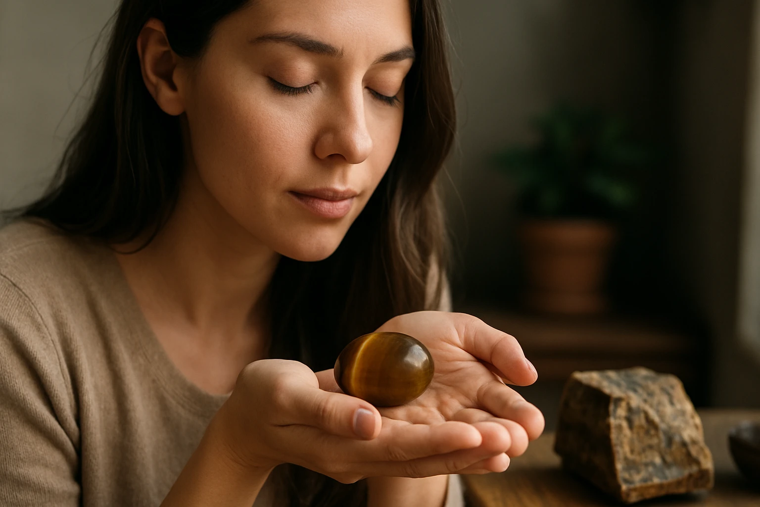 Eine Frau in einem Anzug geht entschlossen eine Treppe hinauf, während ein Mann am Tisch sitzt.