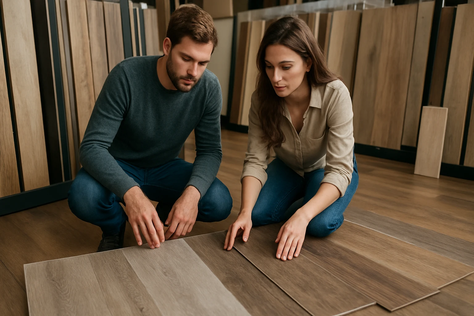 Eine Frau in einem Anzug geht entschlossen eine Treppe hinauf, während ein Mann am Schreibtisch sitzt.
