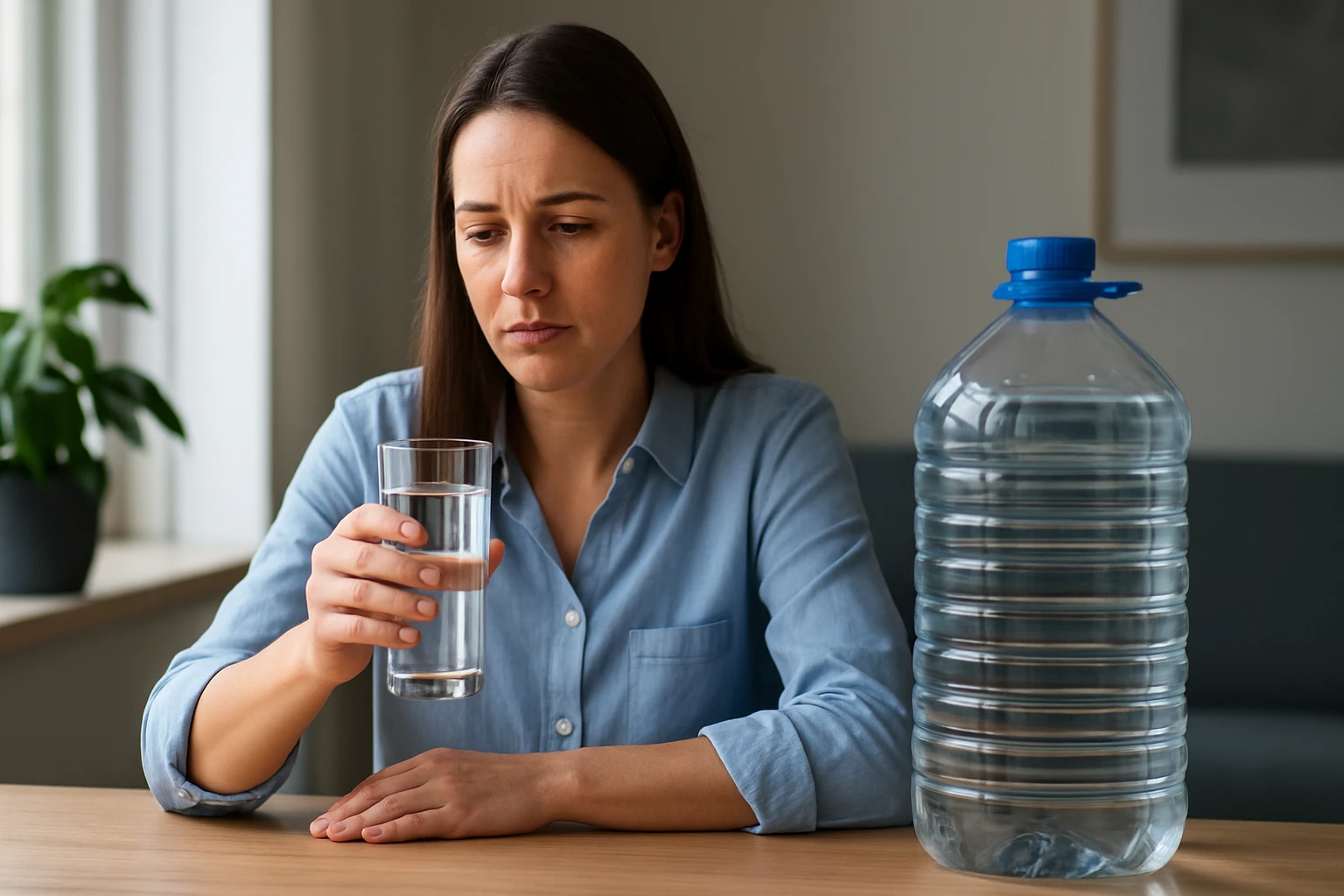 Eine Frau in einem Anzug geht entschlossen eine Treppe hinauf, während ein Mann am Tisch sitzt.