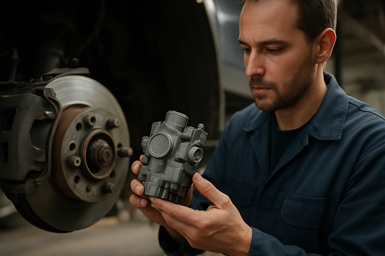 Eine Frau in einem Anzug geht entschlossen eine Treppe hinauf, während ein Mann am Tisch sitzt.