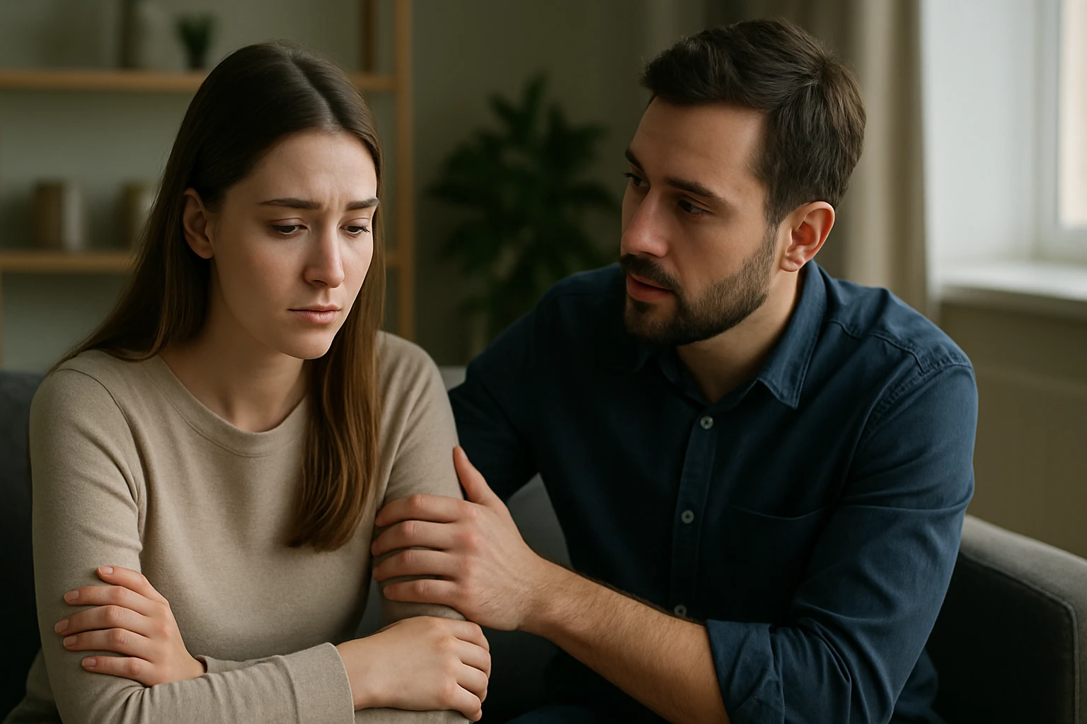 Eine Frau in einem Anzug geht entschlossen eine Treppe hinauf, während ein Mann am Tisch sitzt.