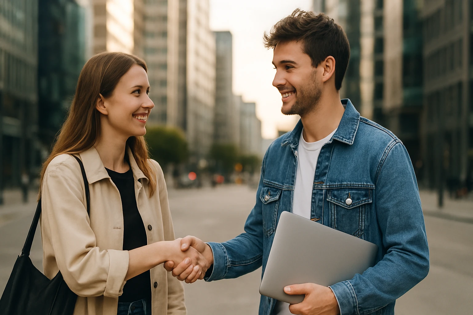 Eine Frau in einem Anzug geht entschlossen eine Treppe hinauf, während ein Mann am Tisch sitzt.