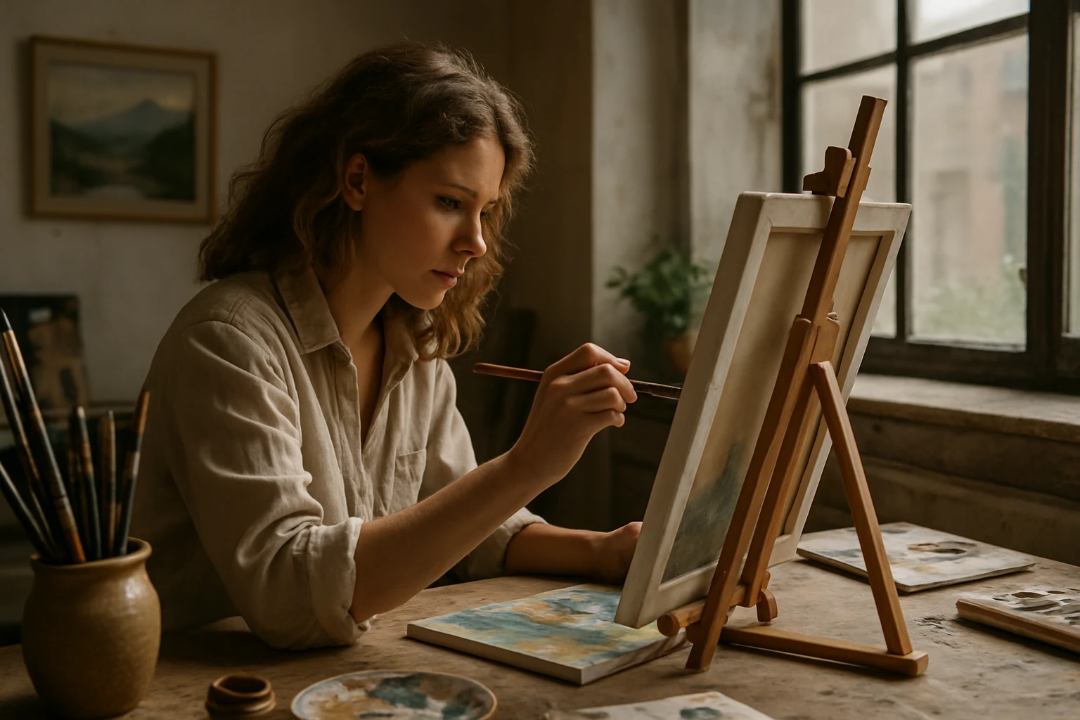 Eine Frau in einem Anzug geht entschlossen eine Treppe hinauf, während ein Mann am Tisch sitzt.