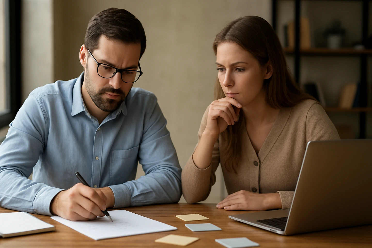 Eine Frau in einem Anzug geht entschlossen eine Treppe hinauf, während ein Mann am Tisch sitzt.