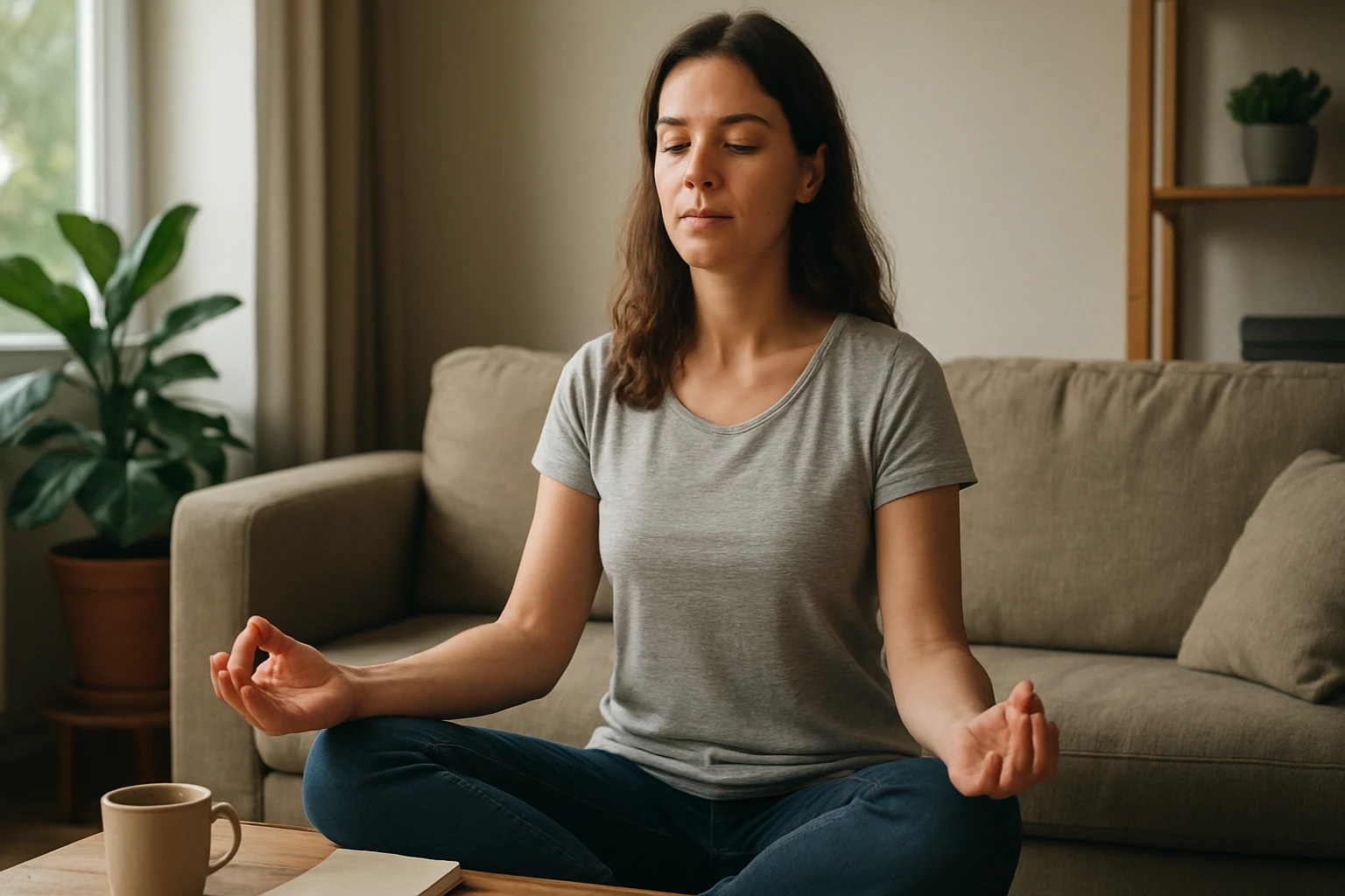 Eine Frau in einem Anzug geht entschlossen eine Treppe hinauf, während ein Mann am Tisch sitzt.