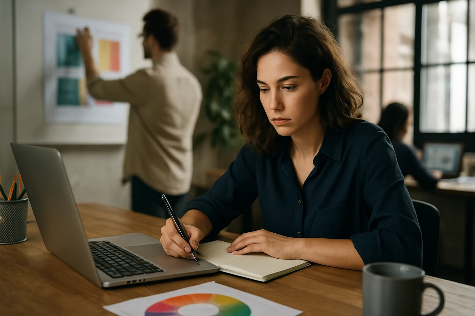Eine Frau in einem Anzug geht entschlossen eine Treppe hinauf, während ein Mann am Tisch sitzt.