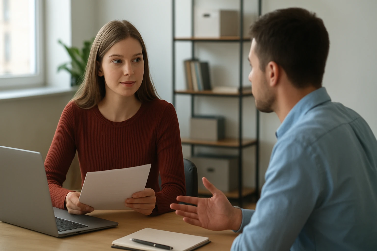 Eine Frau in einem Anzug geht entschlossen eine Treppe hinauf, während ein Mann am Tisch sitzt.