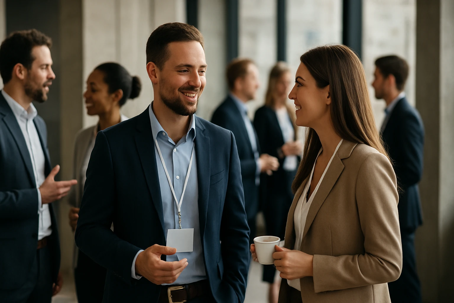 Eine Frau in einem Anzug geht entschlossen eine Treppe hinauf, während ein Mann am Tisch sitzt.