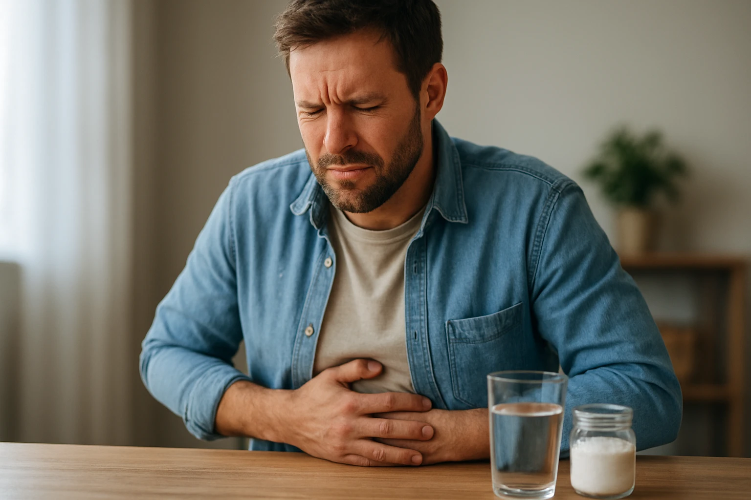 Eine Frau in einem Anzug geht entschlossen eine Treppe hinauf, während ein Mann am Tisch sitzt.