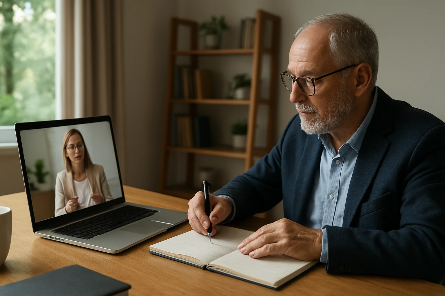 Eine Frau in einem Anzug geht entschlossen eine Treppe hinauf, während ein Mann am Tisch sitzt.