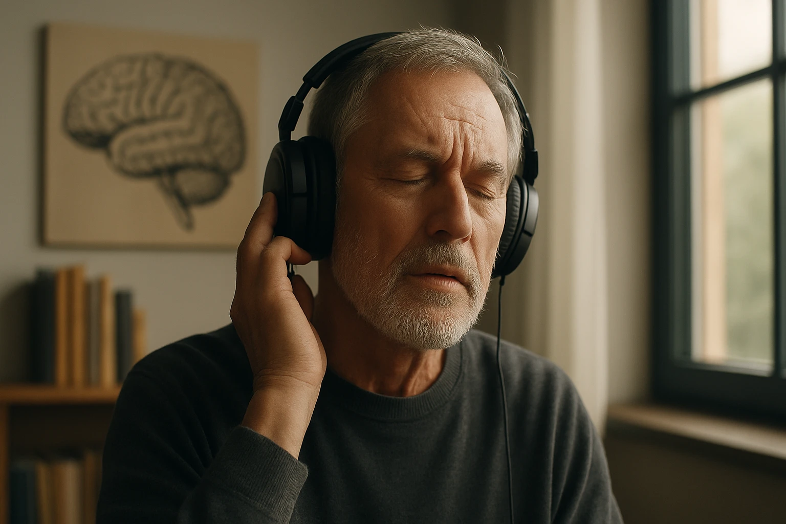 Ein älterer Mann mit Kopfhörern, der entspannt Musik hört und die Augen geschlossen hat.