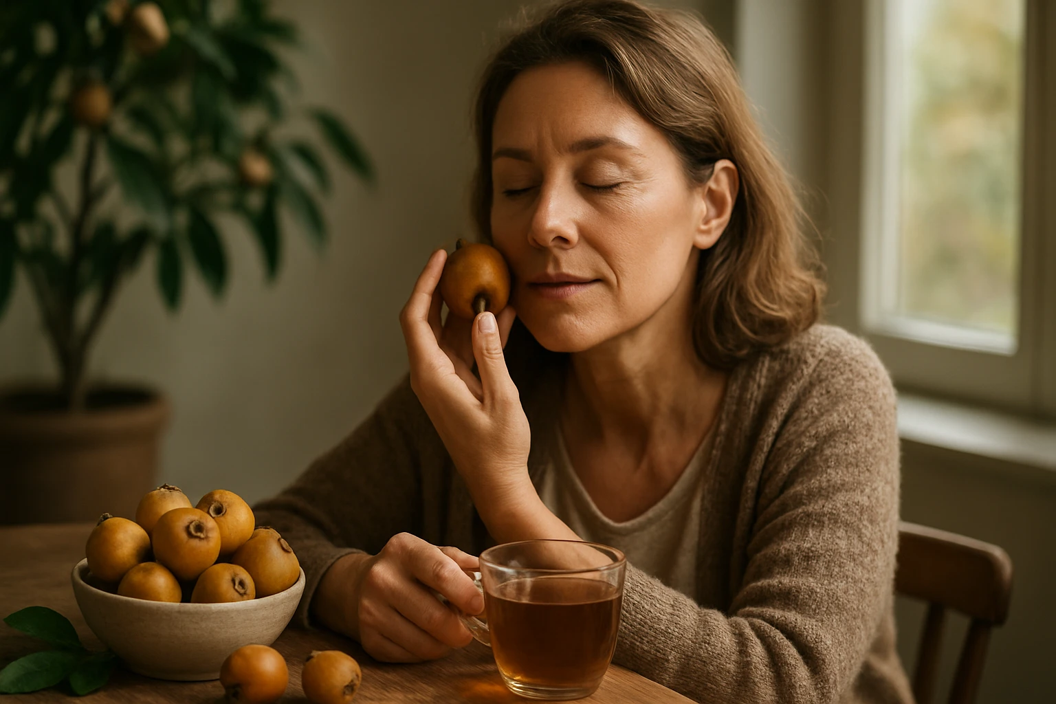 Eine Frau mit geschlossenen Augen hält eine Frucht an ihre Wange, während sie eine Tasse Tee in der Hand hält.