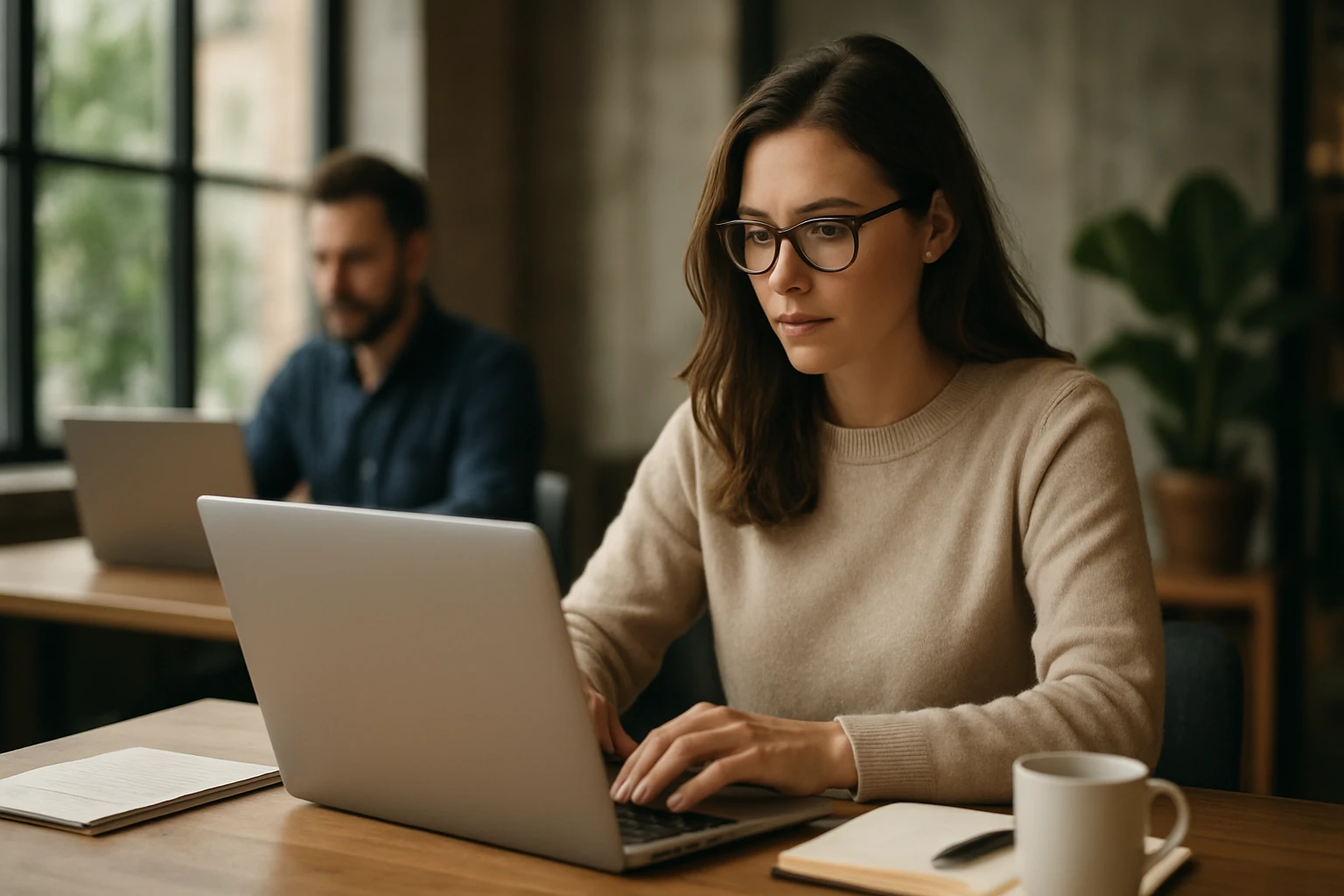 Eine Frau mit Brille arbeitet konzentriert an einem Laptop in einem modernen Café.