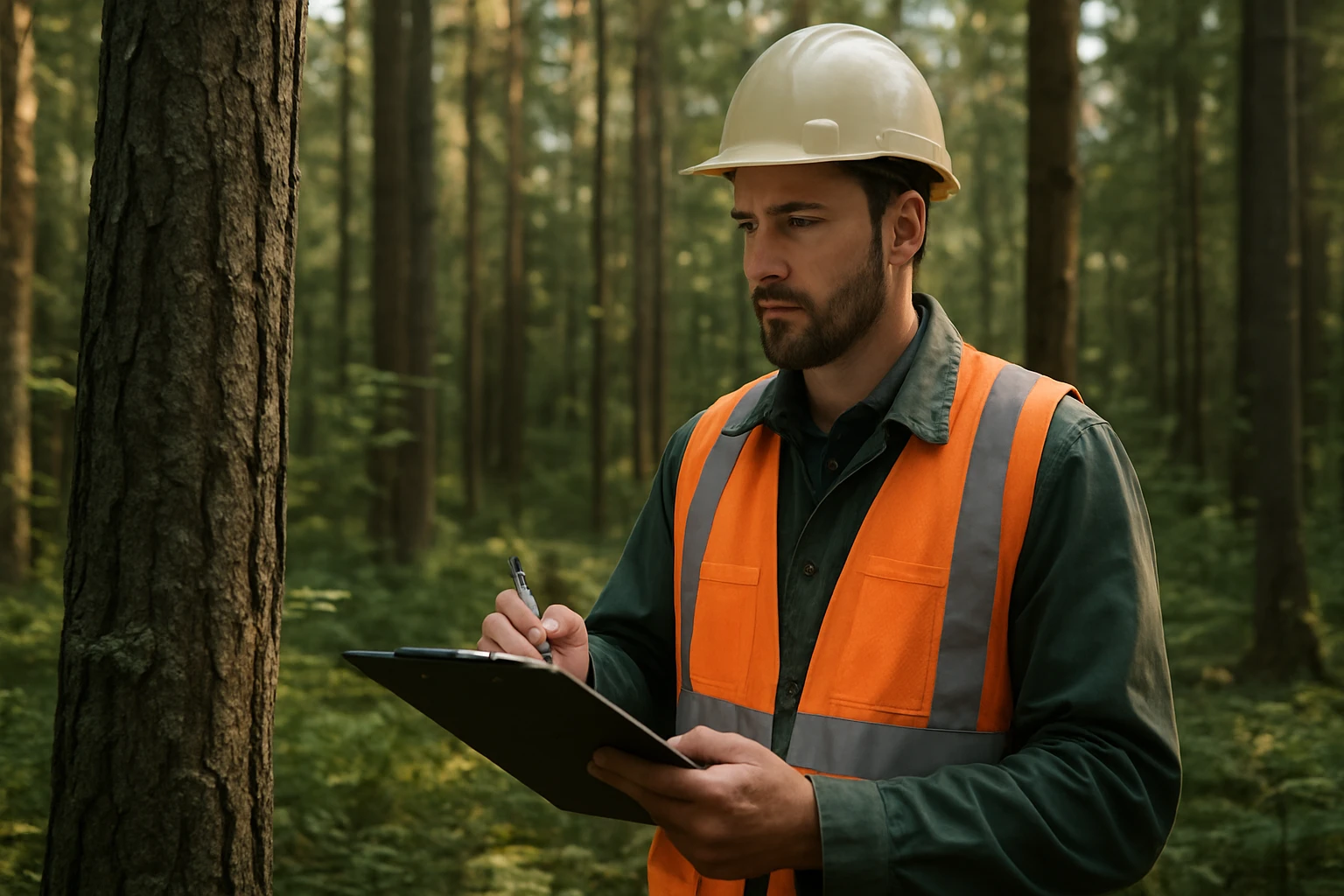 Ein Forstarbeiter in orangefarbener Warnweste notiert Informationen im Wald.