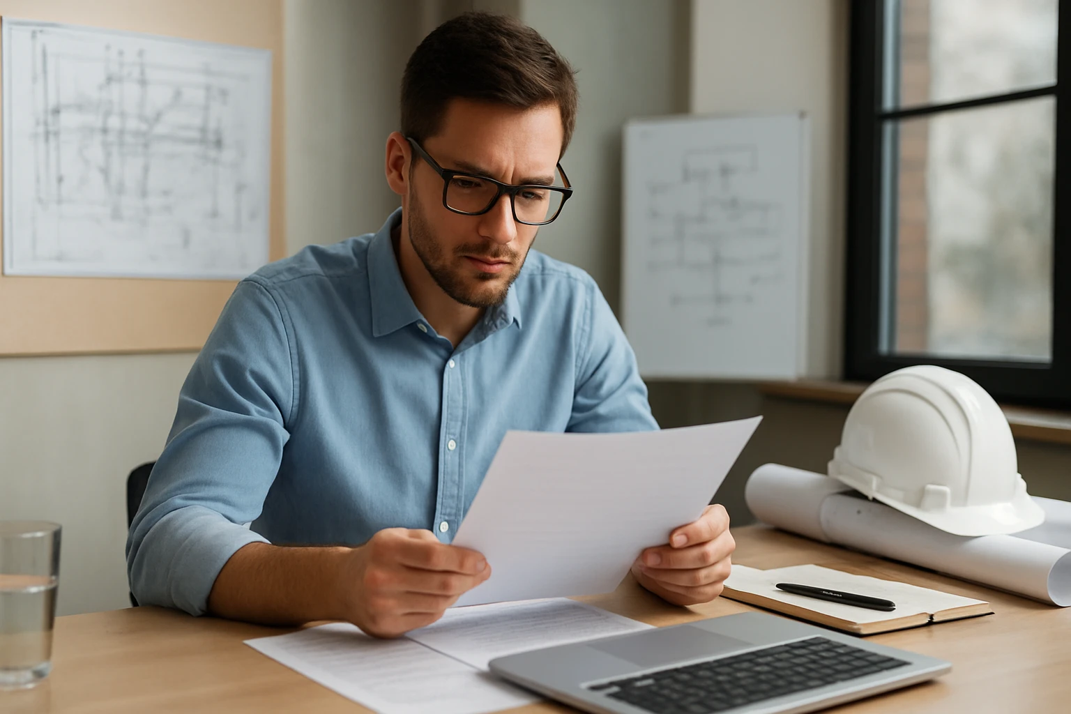 Eine Frau in einem Anzug und einem Schutzhelm arbeitet an einem Laptop in einer Fabrik.