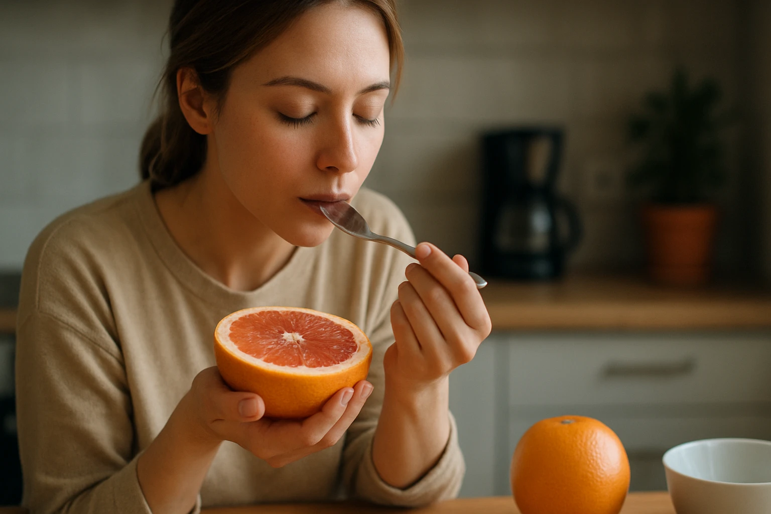Eine Frau genießt eine halbe Grapefruit mit einem Löffel in der Hand.