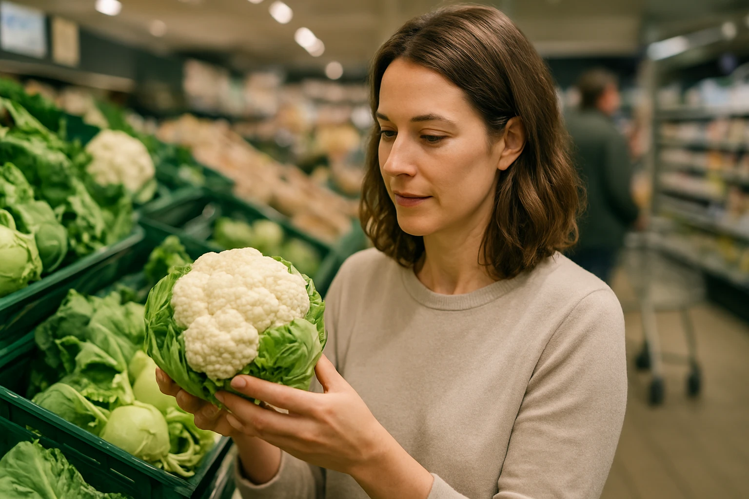 Eine Frau betrachtet einen frischen Blumenkohl in einem Supermarkt.