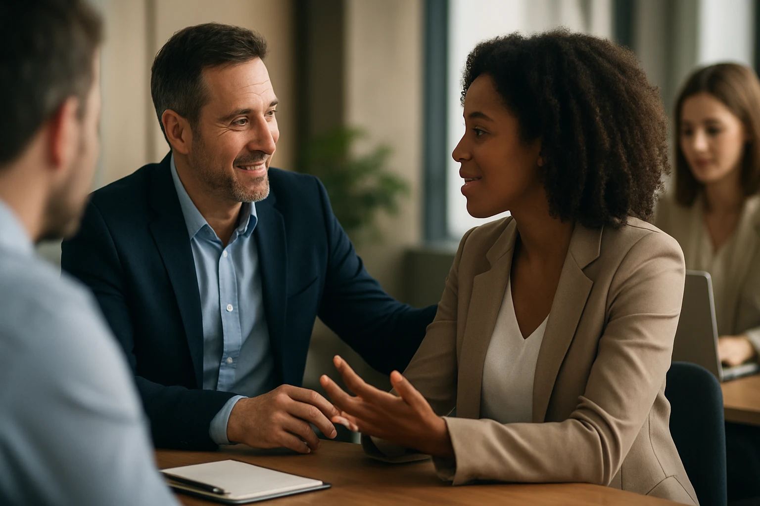 Ein Mann und eine Frau in einem geschäftlichen Gespräch, beide lächeln.