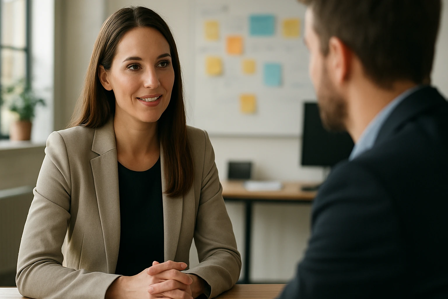 Ein Mann und eine Frau sitzen an einem Tisch und diskutieren über Geschäftsdaten.