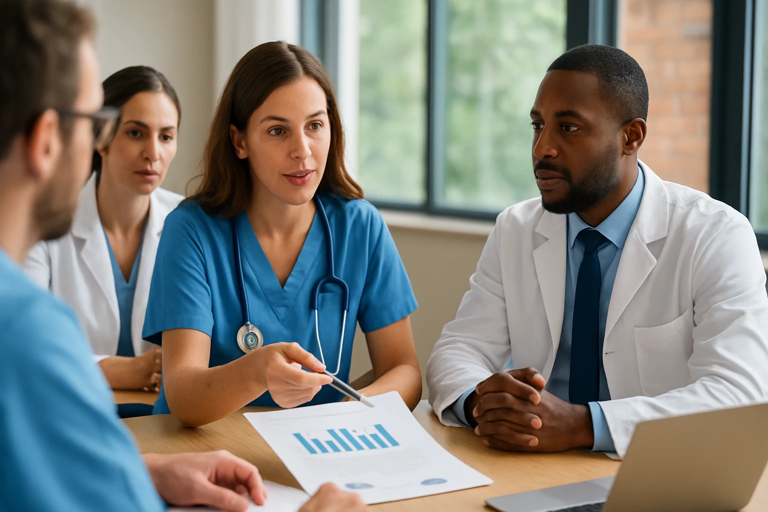Ein Mann und eine Frau sitzen an einem Tisch und diskutieren über Geschäftsdaten.