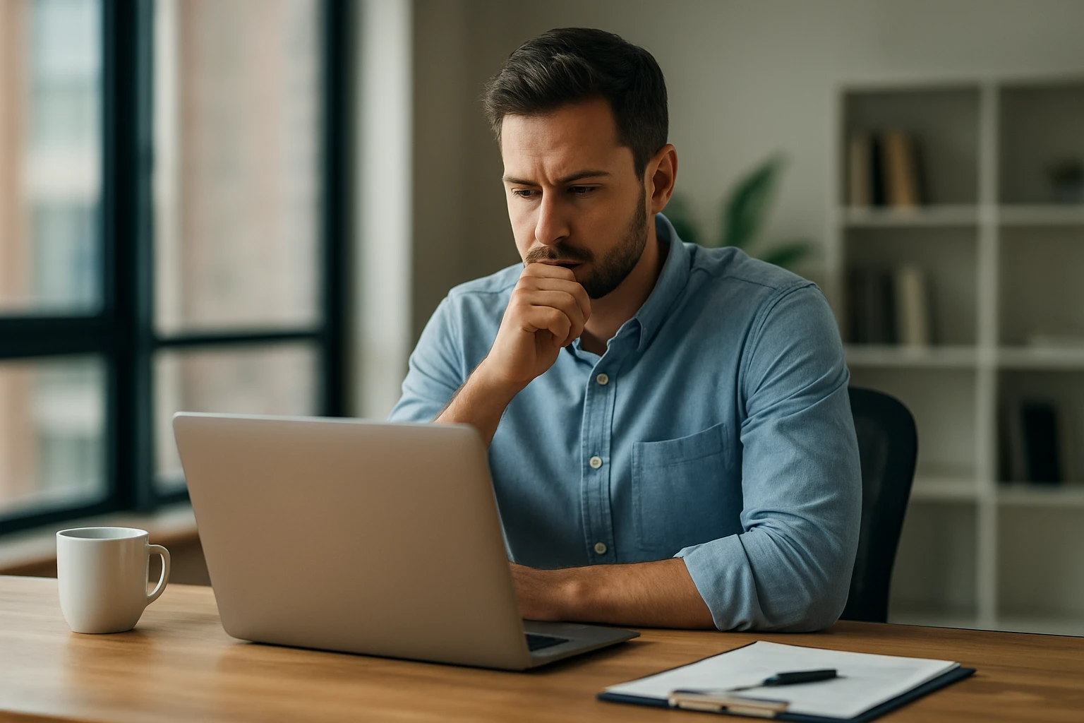 Ein Mann im Anzug spricht mit einer Frau in einem Büro über Geschäftsdaten.